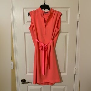 Tahari Petite‎ Sleeveless V-Neck Coral Tie Front Pleated Back Midi Dress 12P